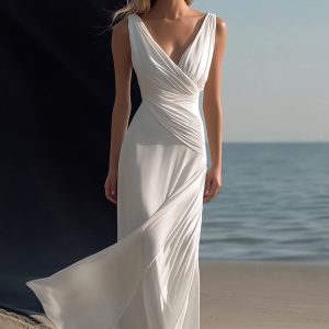 Simple White V-Neck Sheath Engagement Dress