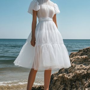 Stylish A Line Pleated White Graduation Dress