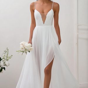Simple White Spaghetti Straps Chiffon Engagement Dress