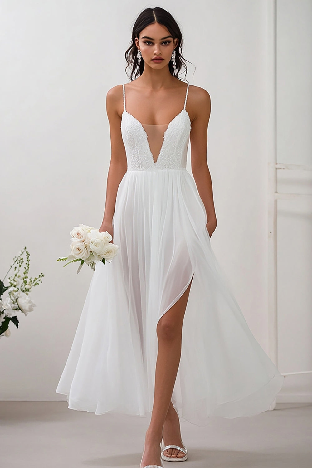 Simple White Spaghetti Straps Chiffon Engagement Dress