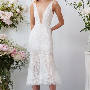 Simple White V-Neck Lace Graduation Dress