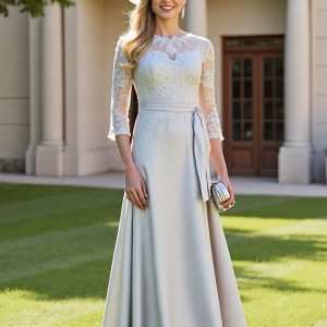 Silver Appliqued A Line Illusion Neck Mother Of The Bride Dress