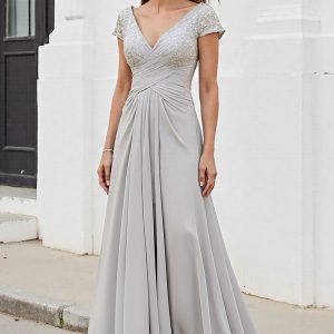 Silver A Line Ruched Long Mother of the Bride Dress