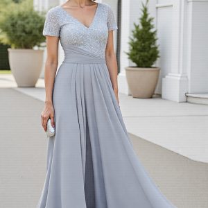 Silver A Line Chiffon Long Mother of the Bride Dress