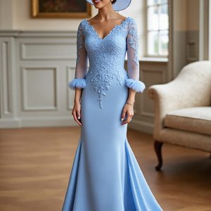 Sky Blue Mermaid Appliqued Fringed Mother Of The Bride Dress