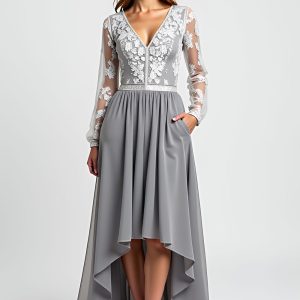 Silver Long Sleeves Mother of the Bride Dress with Appliques