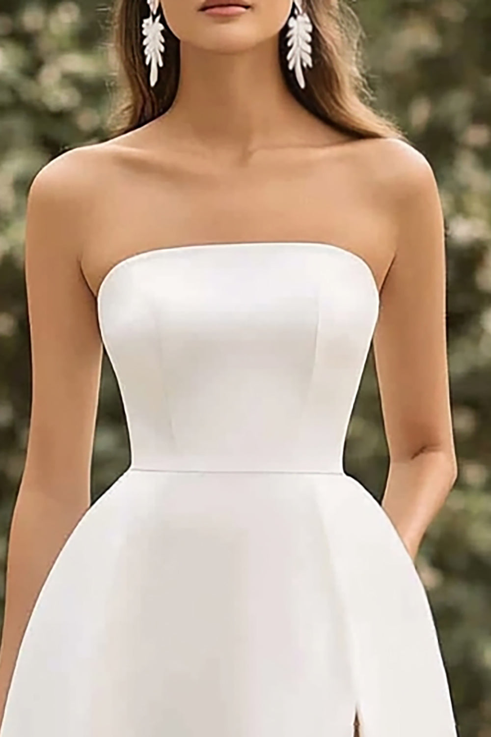 Strapless A Line Satin White Graduation Dress With Slit - Image 3
