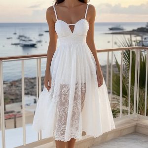 White Keyhole A Line Lace Graduation Dress