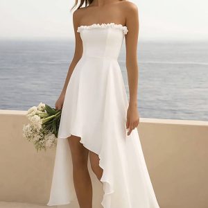 White Strapless Asymmetrical Holiday Party Dress With Ruffles