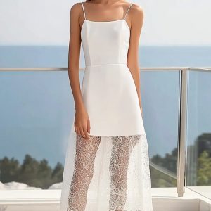 Lace A Line Spaghetti Straps White Graduation Dress