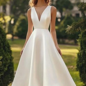 Simple Satin White A Line Midi Graduation Dress