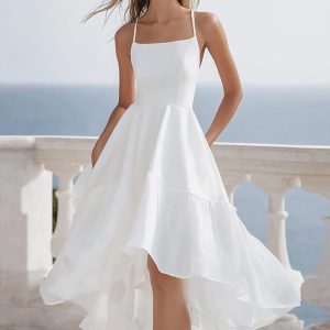 Ruffled High Low A Line White Graduation Dress