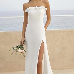Strapless Sheath White Ruffled Beach Wedding Dress With Slit