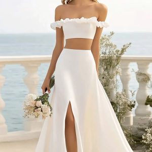 Off The Shoulder Two Pieces A Line White Holiday Party Dress With Slit