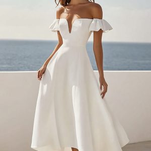 White Off The Shoulder A Line Holiday Party Dress