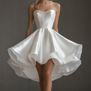 Ruffled Strapless A Line White Satin Graduation Dress