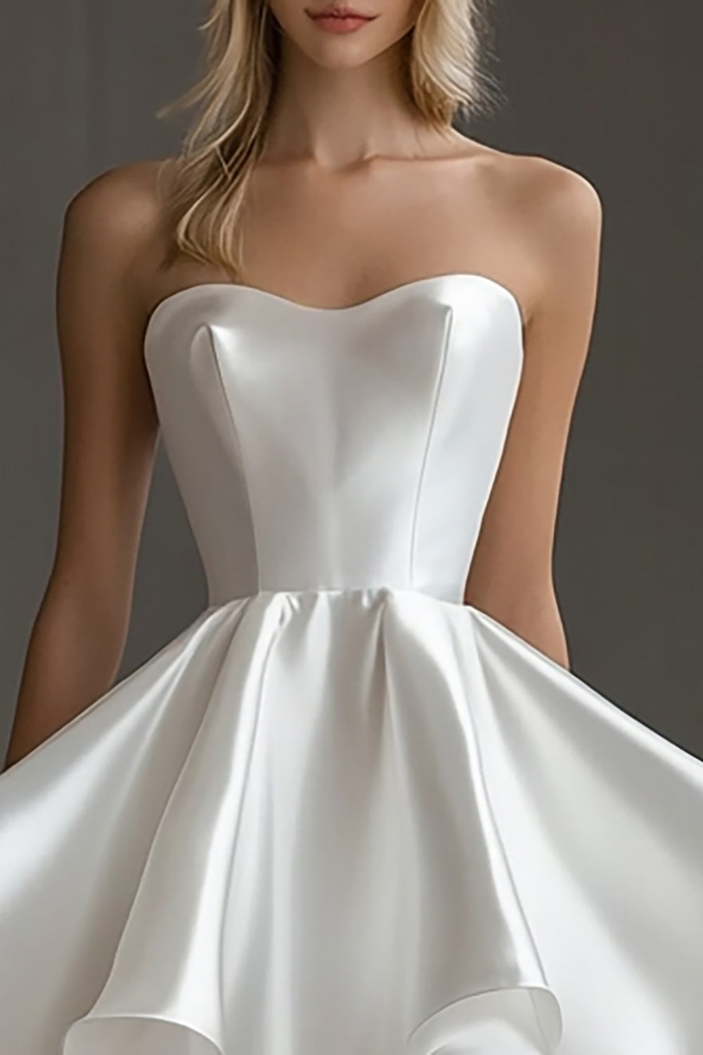 Ruffled Strapless A Line White Satin Graduation Dress - Image 2