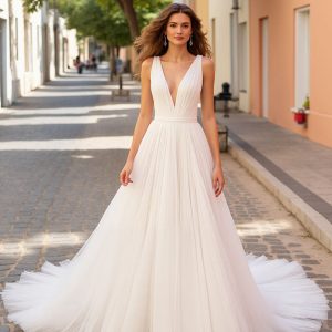 Simple Ruched A Line Ivory V Neck Wedding Dress