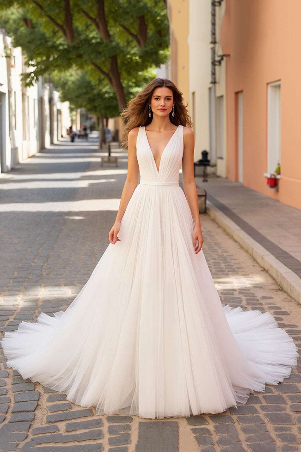 Simple Ruched A Line Ivory V Neck Wedding Dress