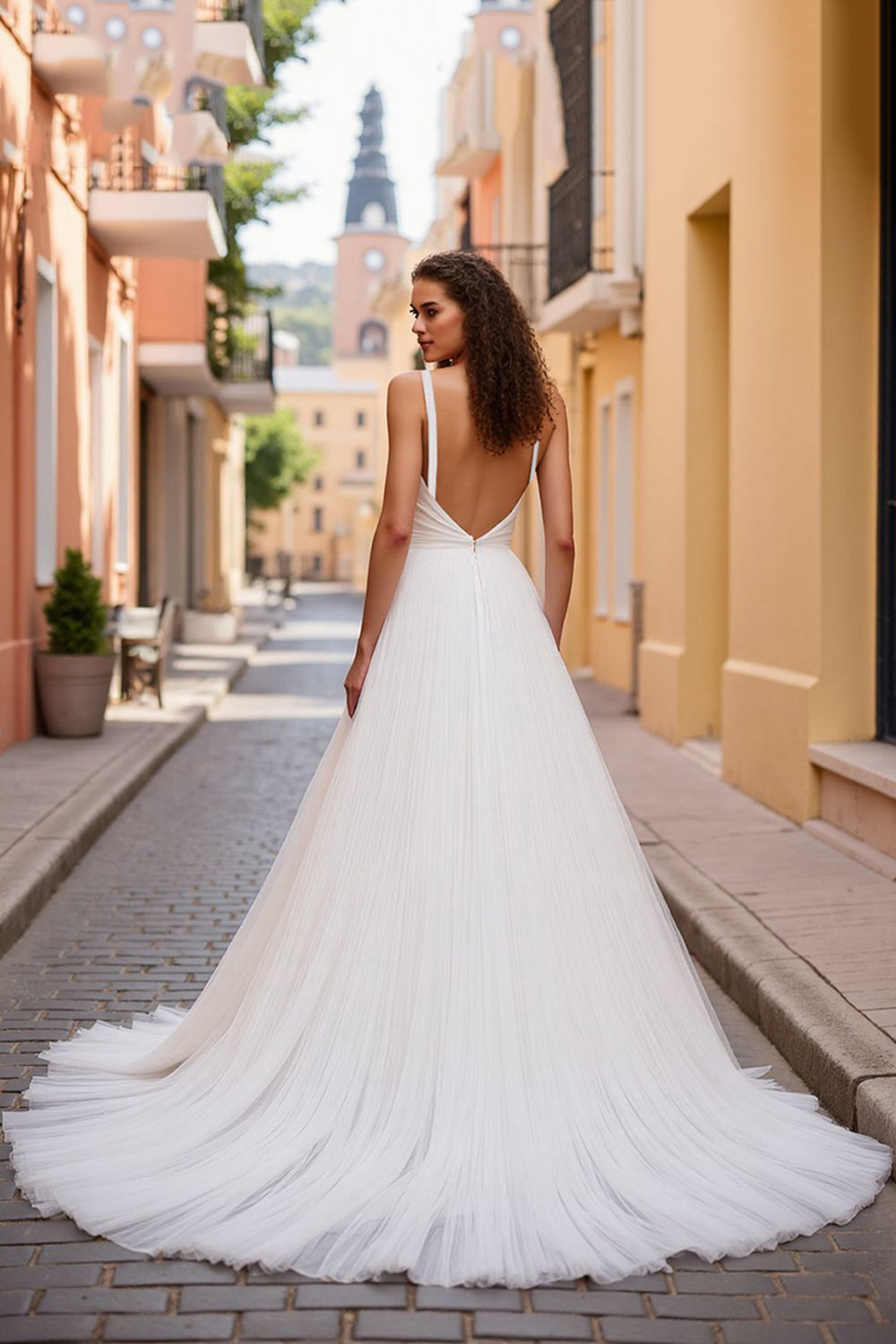 Simple Ruched A Line Ivory V Neck Wedding Dress - Image 2