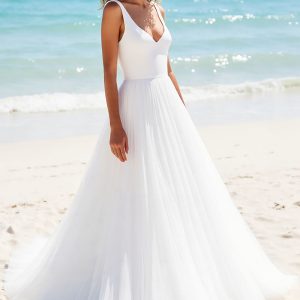 Simple Ivory V Neck A Line Wedding Dress