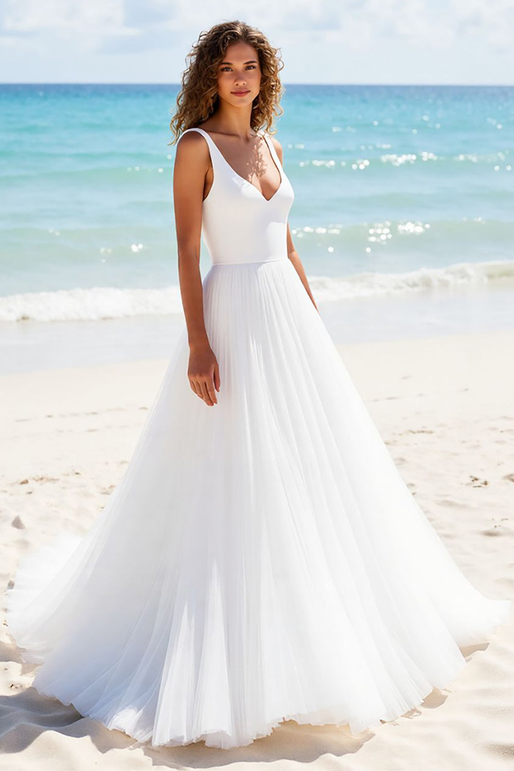 Simple Ivory V Neck A Line Wedding Dress