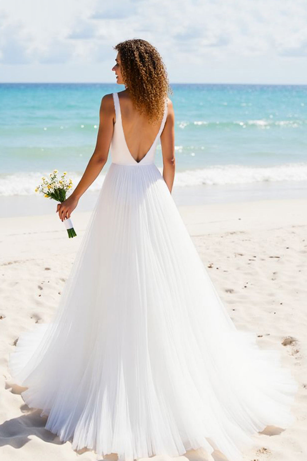 Simple Ivory V Neck A Line Wedding Dress - Image 2