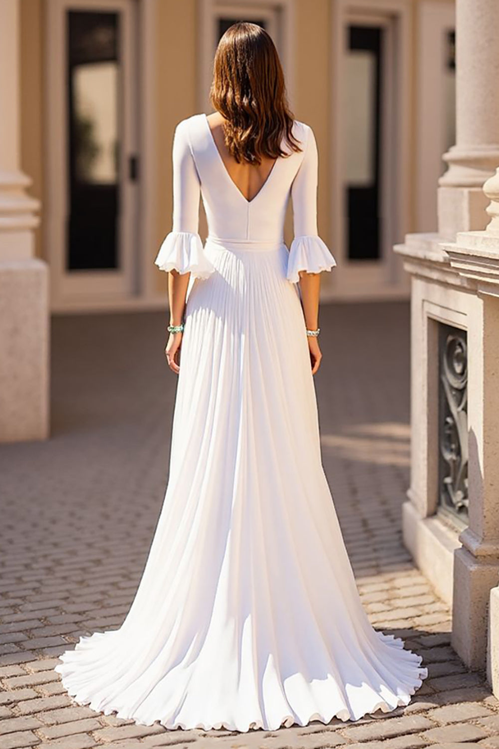 Simple Ivory Half Sleeve V Neck Wedding Dress - Image 2