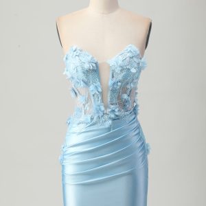 Sky Blue Satin Bodycon Strapless Homecoming Dress with Appliques
