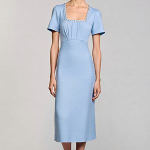 Sky Blue Sheath Square Neck Midi Work Dress