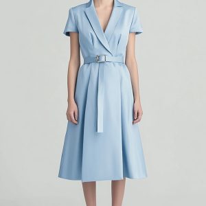 Sky Blue A Line Midi Dress with Belt
