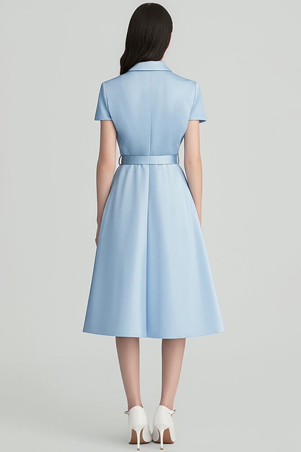Sky Blue A Line Midi Dress with Belt - Image 2