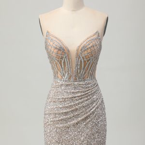 Silver Strapless Bodycon Sequin Homecoming Dress with Slit