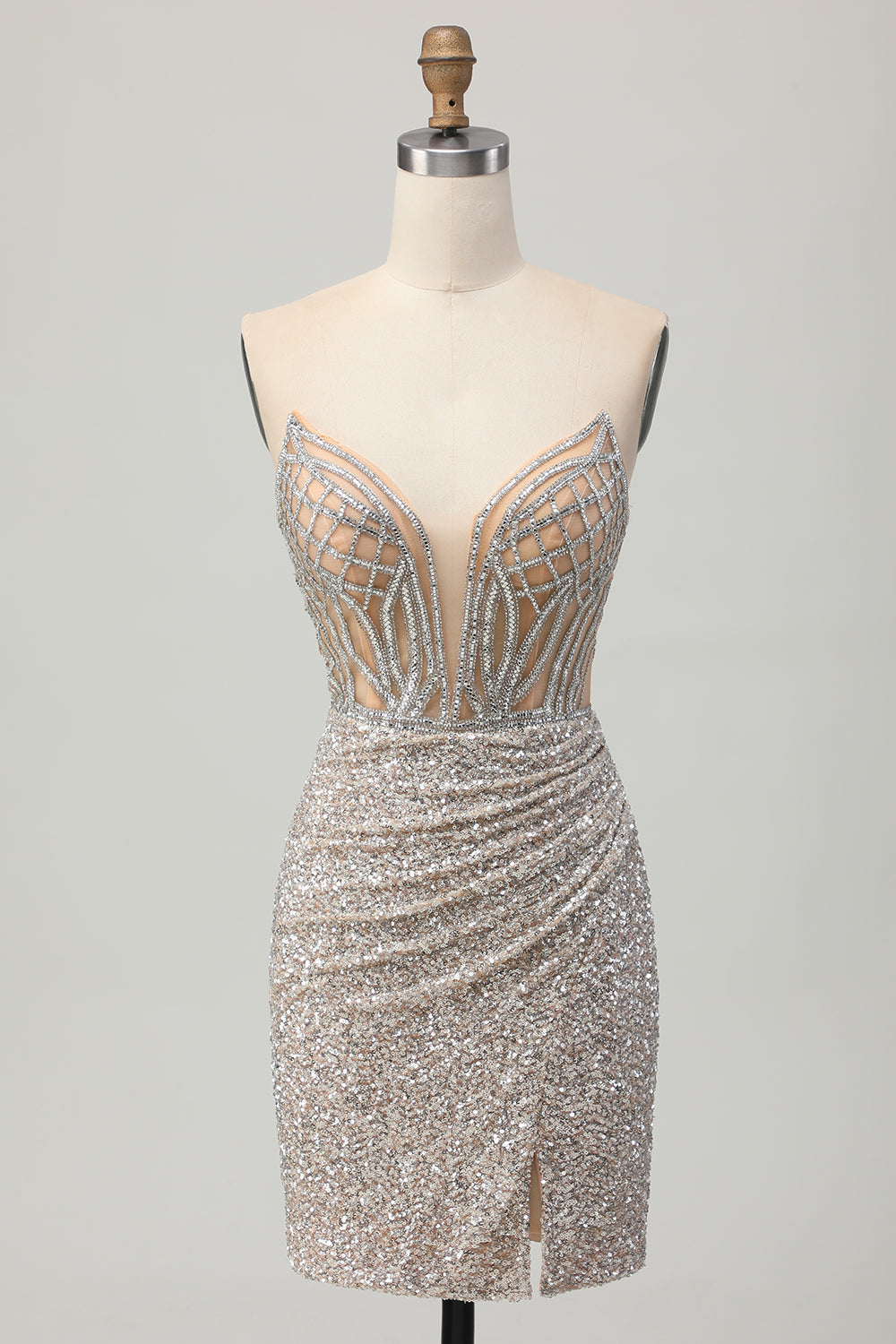 Silver Strapless Bodycon Sequin Homecoming Dress with Slit