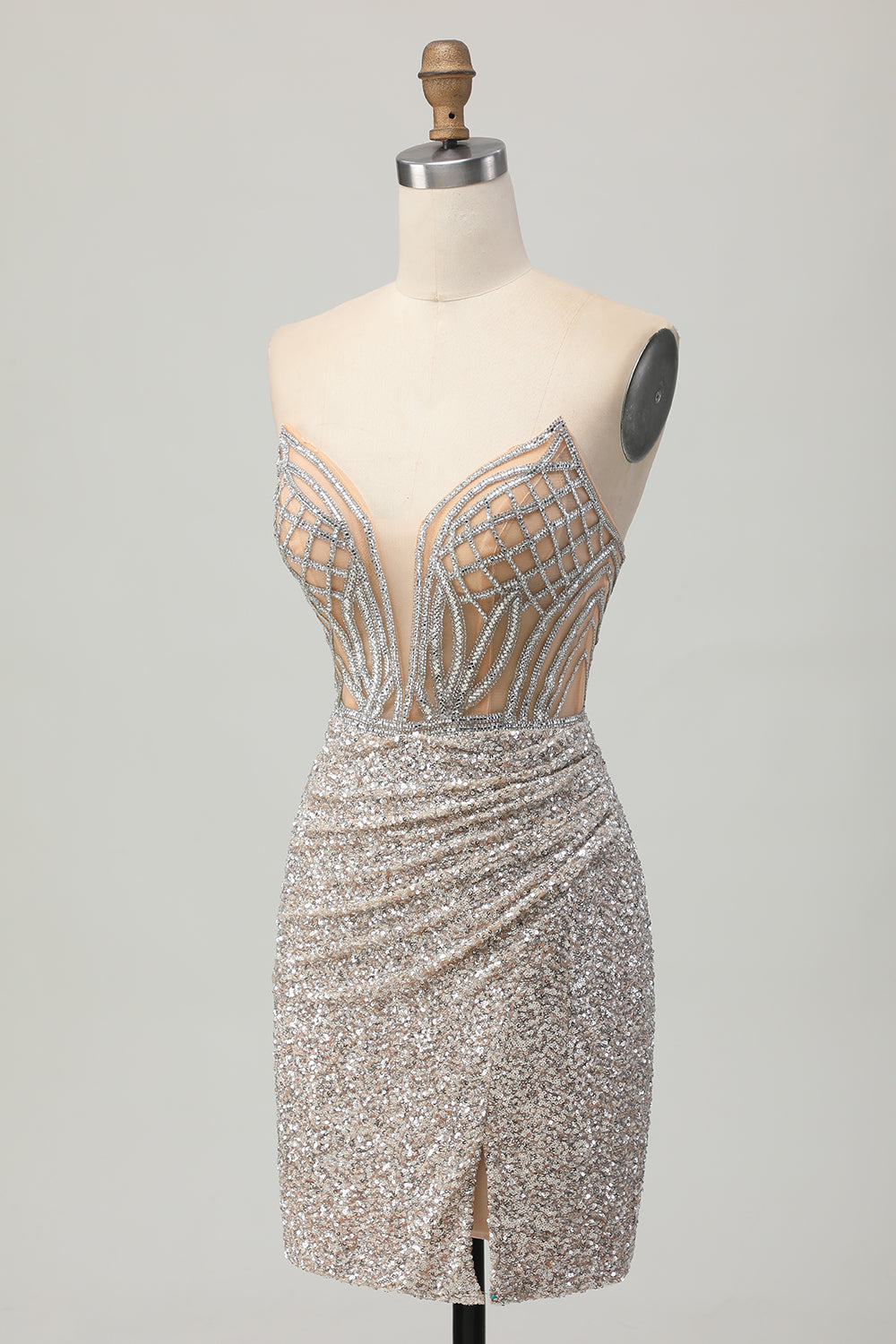 Silver Strapless Bodycon Sequin Homecoming Dress with Slit - Image 5