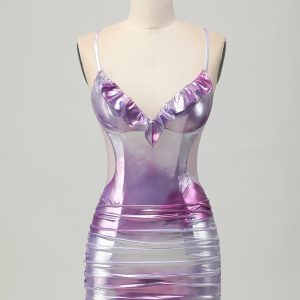 Silver Purple Bodycon Ruched V Neck Homecoming Dress