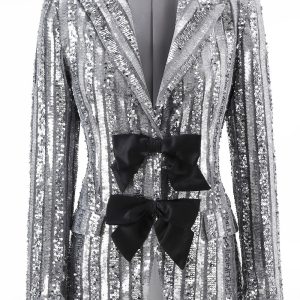 Silver Grey Sequin Peak Lapel Prom Blazer With Bows