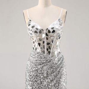 Silver Sequin Corset Homecoming Dress with Mirrors