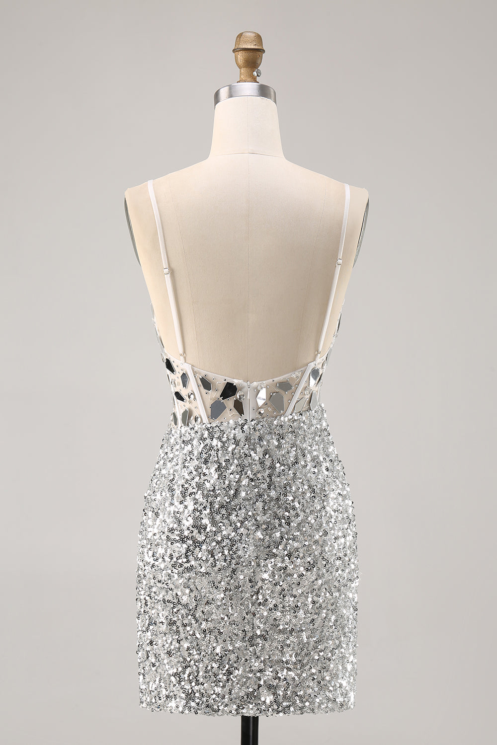 Silver Sequin Corset Homecoming Dress with Mirrors - Image 2