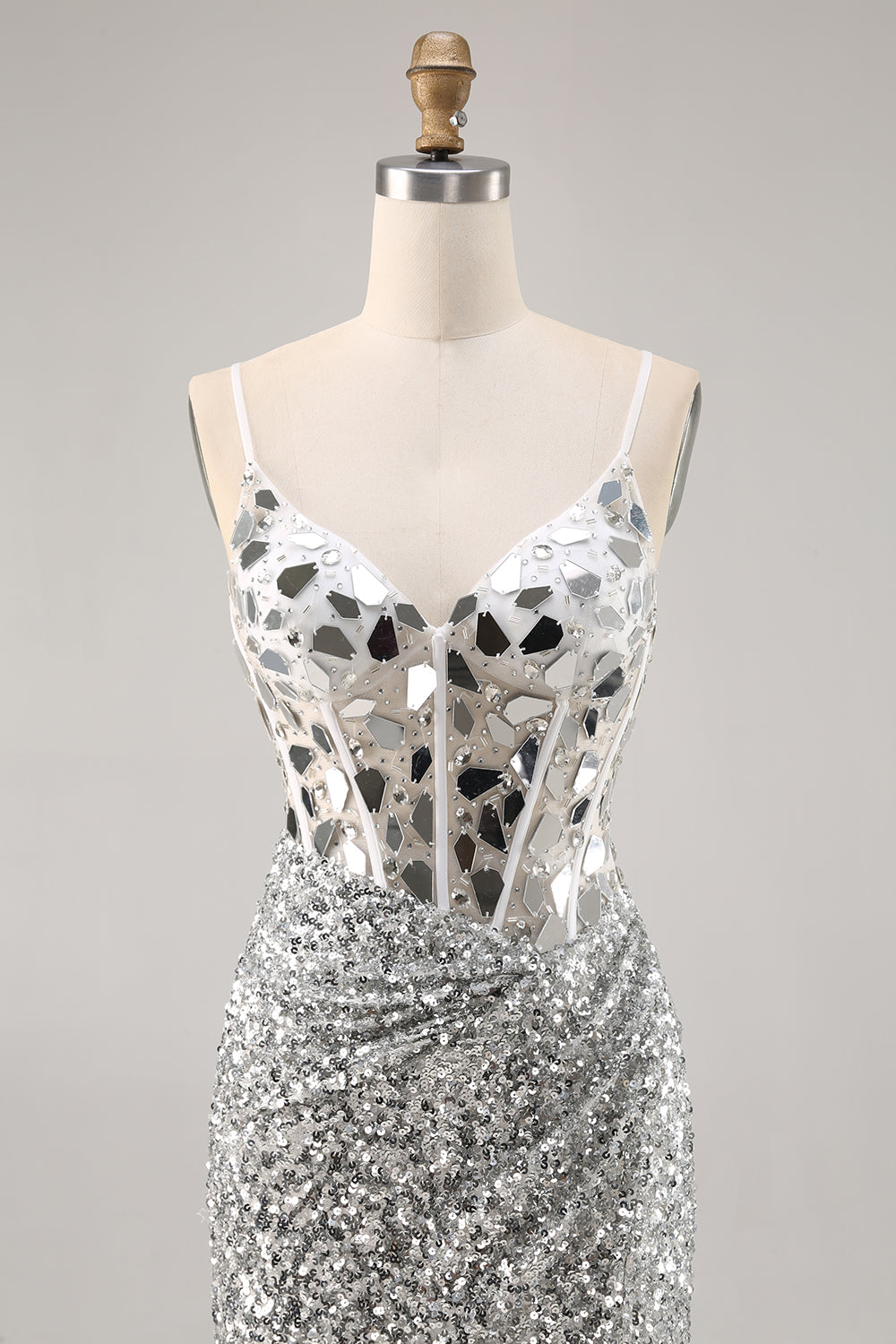 Silver Sequin Corset Homecoming Dress with Mirrors - Image 4