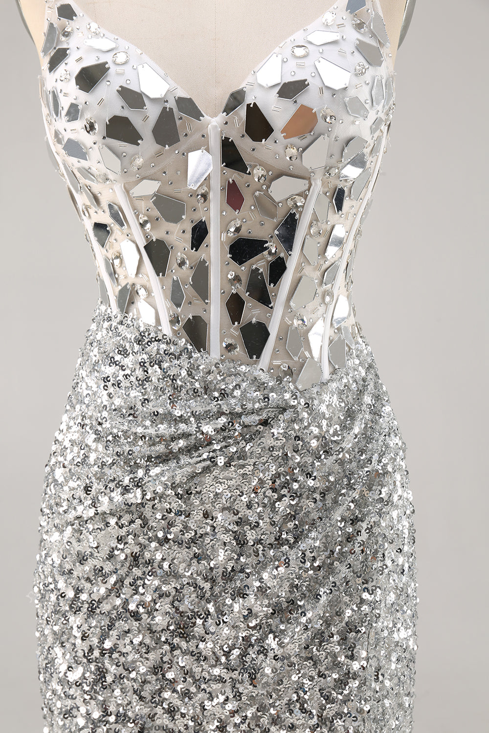 Silver Sequin Corset Homecoming Dress with Mirrors - Image 7