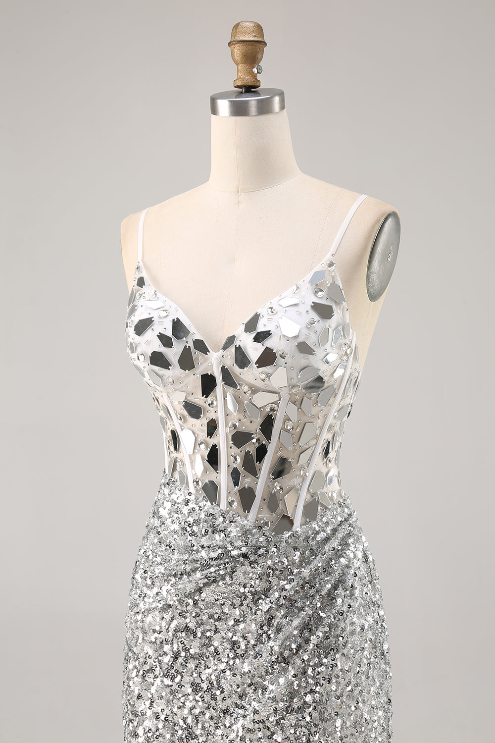 Silver Sequin Corset Homecoming Dress with Mirrors - Image 6