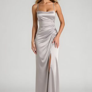 Silver Sheath Satin Maxi Bridesmaid Dress With Slit