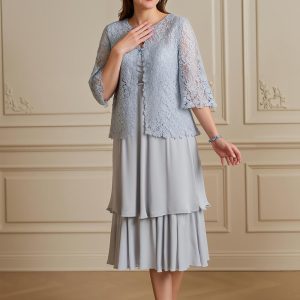 Silver Tiered Lace 2 Piece Mother Of The Bride Dress