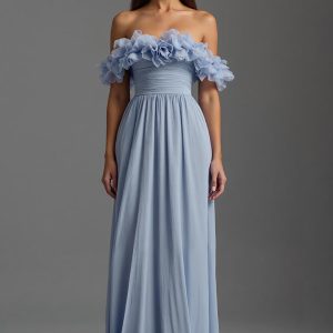 Sky Blue Off The Shoulder A Line Formal Dress with Ruffles