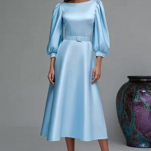 Sky Blue A-Line Satin Work Dress With 3/4 Sleeves