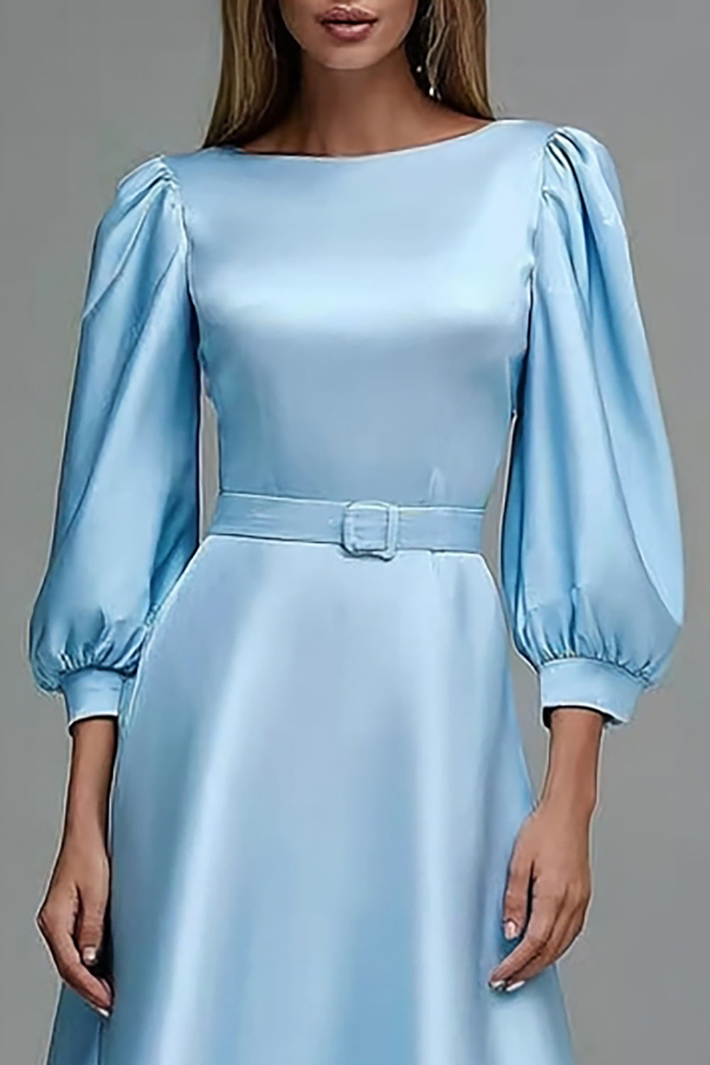 Sky Blue A-Line Satin Work Dress With 3/4 Sleeves - Image 2