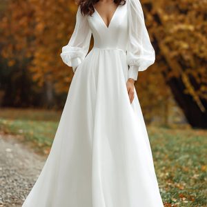 Simple V-Neck A-Line Long Sleeve Ivory Wedding Dress