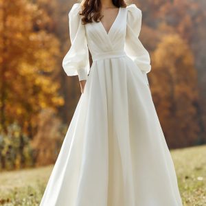 Simple Ivory V-Neck Long Sleeve A-Line Wedding Dress