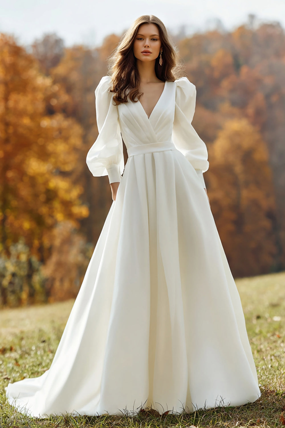 Simple Ivory V-Neck Long Sleeve A-Line Wedding Dress